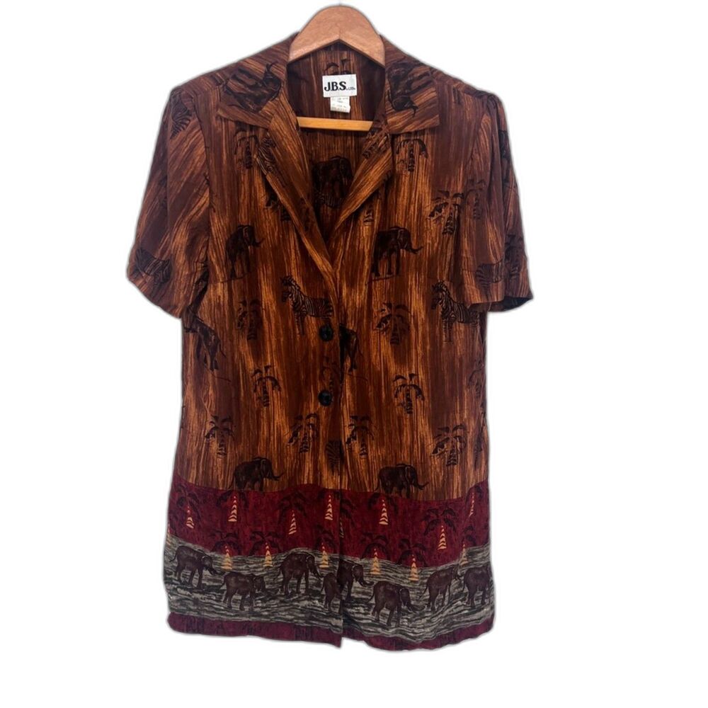 JBS LTD Safari Animals VTG Retro Y2K 80s 90s Blouse Size 8 Brown